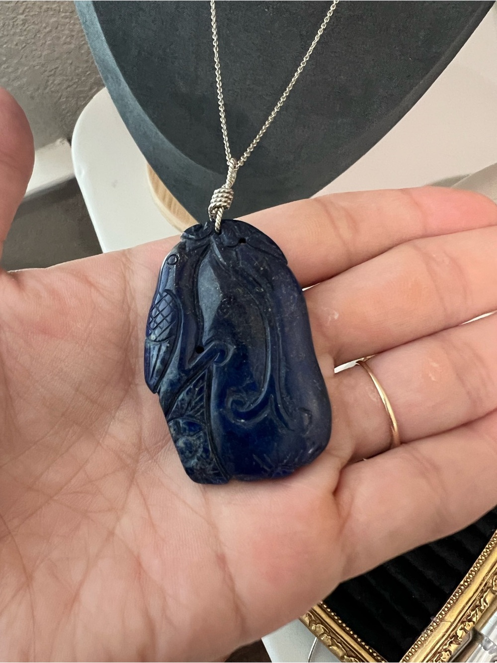 Hand-Carved Dark Blue Lapis Pendant Necklace 925